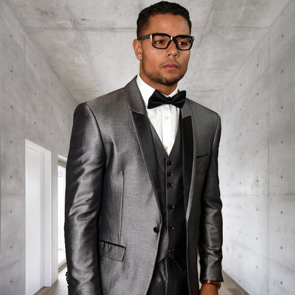 Mens 2 Button Vested Half Shawl Tuxedo in Silver Sharkskin